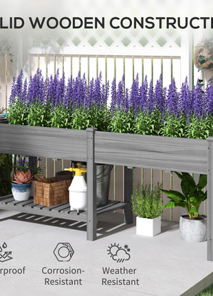 Wood Raised Garden Box, Elevated Garden Bed with Side Table, Bottom Shelf, Bed Liners and Drainage Holes, Gray