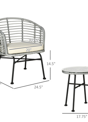 3 Piece Patio Bistro Set, PE Rattan with Cushioned Barrel Chairs & Glass Coffee Table, Conversation Set, Cream White