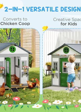 Wooden Playhouse for Kids Outdoor with Doors, Windows, Planter Pots and Boxes for Toddlers 3-8 Years, White
