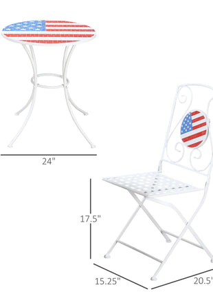 3 Piece Patio Bistro Set, Folding Outdoor Furniture with USA Mosaic Table and Chairs, Portable Metal Frames for 4th of July, Balcony, Backyard, Poolside, Porch, American Flag