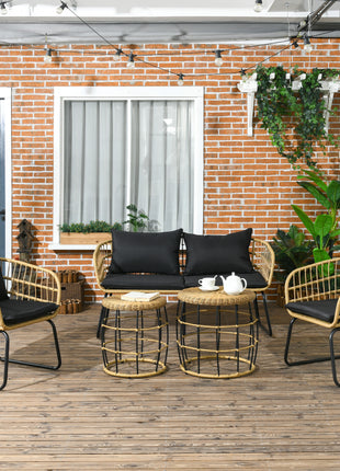5 Piece PE Rattan Outdoor Furniture Set with Cushioned Chairs, Loveseat Sofa & Stackable Coffee Tables, Black