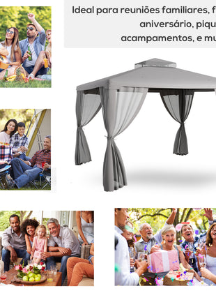 9.6' x 11.6' Patio Gazebo Outdoor Canopy Shelter with 2-Tier Roof and Netting, Steel Frame for Garden, Gray
