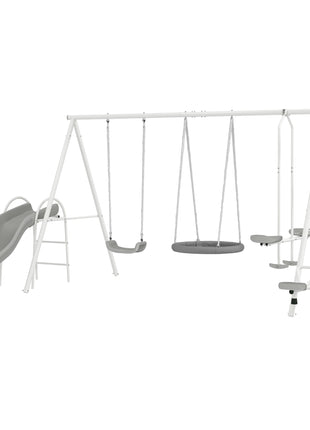 5 in 1 Kids Swing Set for Backyard with Heavy-Duty A-Frame Stand, Saucer Swing, Slide, Seesaw, Glider, Swing Seat, Gray