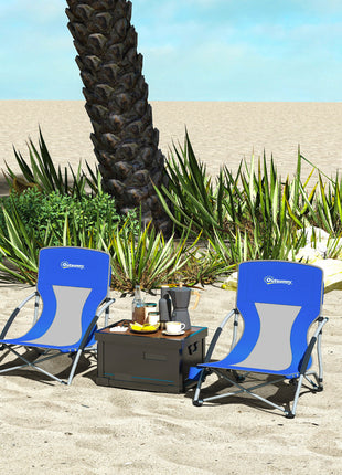 Set of 2 Folding Beach Chairs with Mesh Back, Carry Bag and Cup Holder for Outdoor Camping Lawn Sports Picnic Dark Blue
