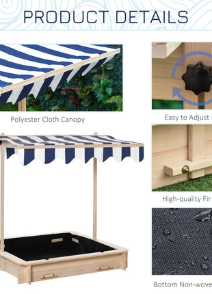 Covered Sandbox, Wooden，with Cover Adjustable Canopy, Detachable Seats and Backrests, Kids Sandbox with Convertible Bench Seat, Bottom Liner, Natural Blue
