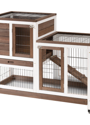 Wooden Rabbit Hutch Elevated Bunny Cage Indoor Small Animal Habitat with Enclosed Run with Wheels, Ramp, Removable Tray for Rabbits, Chickens, Ducks, Guinea Pigs, Brown