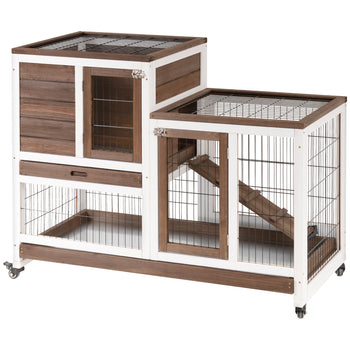 Wooden Rabbit Hutch Elevated Bunny Cage Indoor Small Animal Habitat with Enclosed Run with Wheels, Ramp, Removable Tray for Rabbits, Chickens, Ducks, Guinea Pigs, Brown