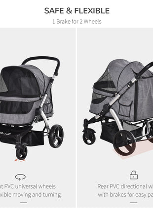 Pet Stroller Foldable Dog Cat Travel Carriage with Adjustable Handlebar PVC Wheel Brake Storage Bag Mesh Window Safety Leash Aluminum Grey