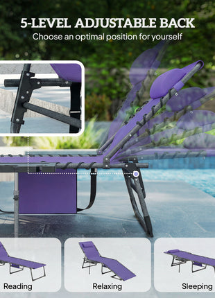 Folding Outdoor Chaise Lounge Chair Tanning Chair with 5-Level Adjustable Back, Side Table, Pillow, Pocket, Purple