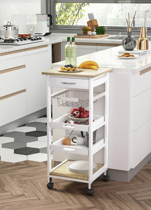 Mobile Kitchen Cart, Rolling Kitchen Island with Storage, Solid Wood Frame Utility Cart with Wire Fruit Baskets, Trays and Drawer, White