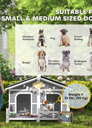 Dog House Outdoor, Wooden Dog Kennel Weatherproof with Porch, Openable Roof, Removable Bottom, Elevated Floor, Double Room for 2 Small to Medium Breeds, Gray