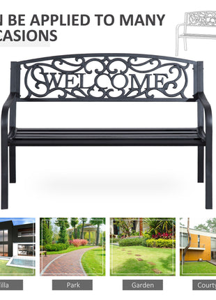 50" 2-Person Garden Bench Loveseat with Cast Iron Decorative Welcome Vines, Outdoor Patio Bench for Backyard, Porch, Entryway