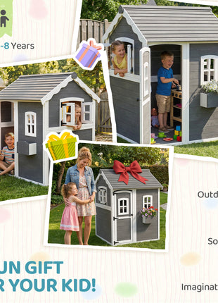 Outdoor Wooden Playhouse for Kids with Floor, Door, Windows, Planter Box for 3-8 Years Old, Backyard, Lawn, Garden