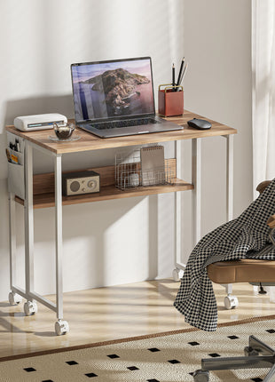 Folding Computer Desk, Foldable Desk with Storage Bag, Shelf and Wheels for Small Spaces, Home Office, Natural Wood