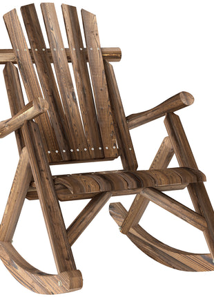 Outdoor Wooden Rocking Chair, Single-Person Adirondack Rocking Patio Chair with Rustic High Back, Slatted Seat and Backrest for Indoor, Backyard, Garden, Carbonized
