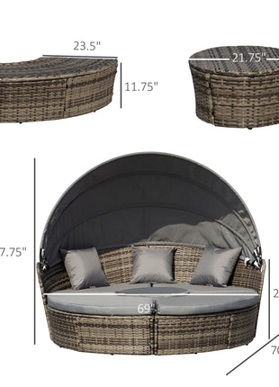 4-Piece Round Convertible Daybed with Cushions, Outdoor PE Rattan Patio Wicker Sofa Set, Sunbed with Adjustable Sun Canopy, Sectional Sofa, 2 Chairs, Table, 3 Pillows, Gray
