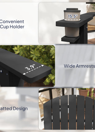 Oversized Adirondack Chair, Outdoor Fire Pit and Porch Seating, Classic Log Lounge w/ Built-in Cupholder, Black