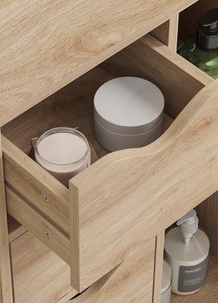 Freestanding Storage Cabinet, Bathroom Floor Cabinet with 4 Drawers and Door, Oak