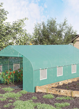 20' x 10' x 7' Outdoor Walk-in Greenhouse, Tunnel Green House with Roll-up Windows, Zippered Door, PE Cover, Heavy Duty Steel Frame, Green