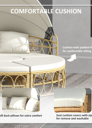 Patio Furniture Set, Round Outdoor Daybed with Retractable Canopy, Hollow Wicker PE Rattan Sectional Sofa with Washable Couch Cushions for Pool, Lawn, Cream White, 70" x 33.5" x 26.25"
