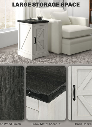 Farmhouse End Table with Storage, Side Table with Charging Station and USB Ports for Living Room, Distressed White