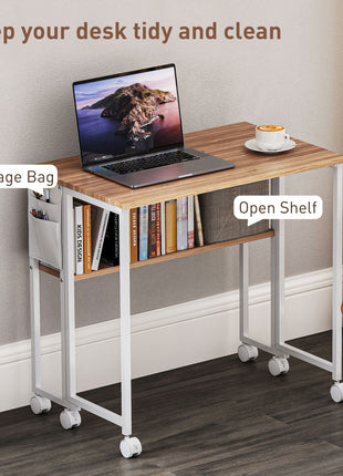 Folding Computer Desk, Foldable Desk with Storage Bag, Shelf and Wheels for Small Spaces, Home Office, Natural Wood