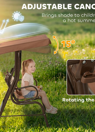 Kids Patio Swing, 2-Seater Outdoor Swing Chair with Adjustable Canopy and Safety Belt, Monkey Pattern Hanging Swing Bench for Garden or Backyard, Coffee