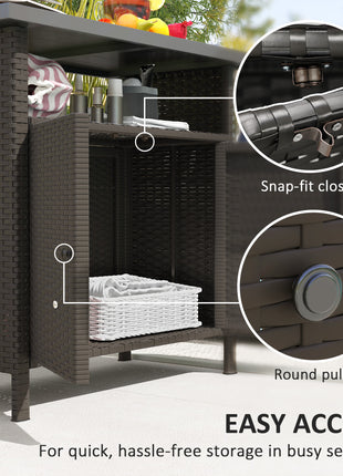 Wicker Outdoor Storage Cabinet with Two Doors and Shelf for Outdoor Pool Towel Storage, Dark Coffee