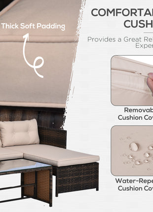 3 Piece Patio Furniture Set, Rattan Outdoor Sofa Set with Chaise Lounge & Loveseat, Soft Cushions, Tempered Glass Table, L-Shaped Sectional Couch, Beige