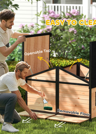 Dog House Outdoor, Wooden Dog Kennel Weatherproof with Porch, Openable Roof, Removable Bottom, Elevated Floor, Double Room for 2 Small to Medium Breeds, Natural