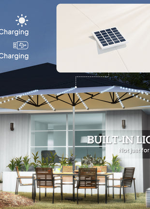 15ft Double-Sided Outdoor Umbrella with Solar Lights, UPF50+ Extra Large Aluminum Patio Umbrella with Crank, Cream White