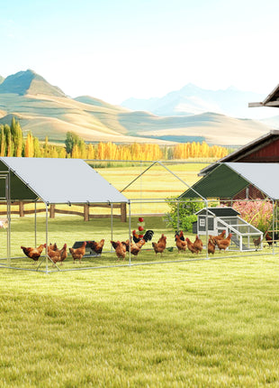 Metal Chicken Coop, 26' x 10' x 6.4' Large Chicken Run with Feeding Door, Waterproof Cover, Hanging Feeder, Perch