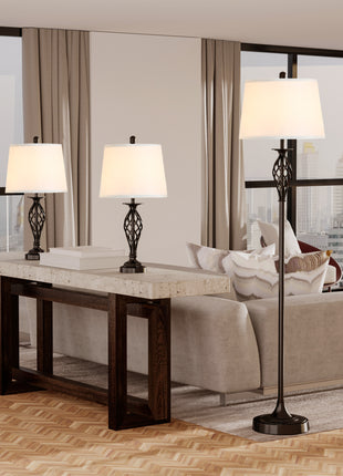 3 Piece Table Floor Lamp Set with Metal Pole, Round Base, and Fabric Lampshade, for Living Room, Black/White