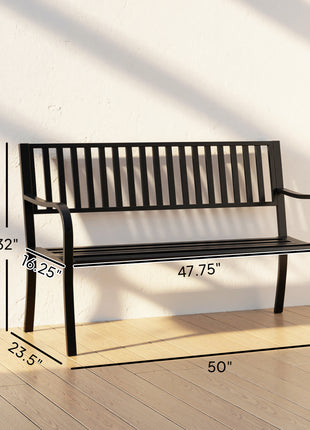 50" Outdoor Garden Bench, Patio Bench with Slatted Seat, Metal Porch Bench for Backyard, Poolside, Lawn, Black
