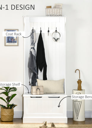 Hall Tree with Coat Rack, Storage, and Sitting Bench, White