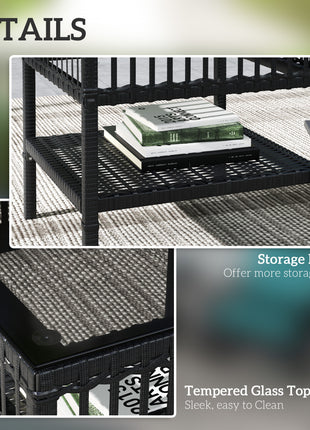 3 Piece Outdoor PE Rattan Rocker Chair Set, Rocking Chair with Tempered Glass Table Top, Turquoise Green