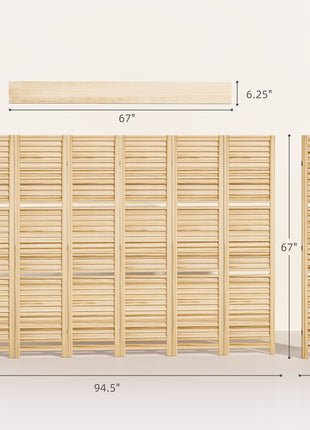 6 Panel 67" Tall Wood Privacy Screen Room Divider with 3 Shelves and Folding Storage for Bedroom, Natural Wood