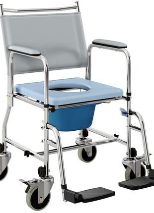 Rolling Shower Chair, Bedside Commode Wheelchair with Padded Seat, Backrest, for Seniors, Disabled, 300 lbs, Gray