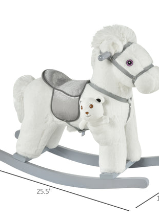 Kids Rocking Horse with Bear Toy, Plush Animal Rocker with Fun Realistic Sounds for Toddler 18-36 Months, White