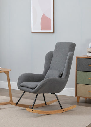 Modern Rocking Chair with Removable Lumbar Pillow Fabric Sofa Armchair with Thick Padding, Metal Frame, Wood Base for Living Room, Light Gray