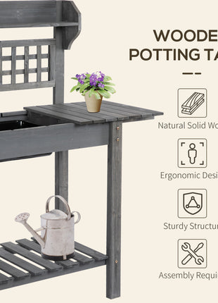 39'' Wooden Garden Potting Bench Work Table with Hidden Storage, Sliding Tabletop, Below Clapboard, Upper Shelf, Gray