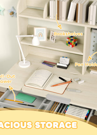 Kids Study Desk and Chair Set with Adjustable Height, Tiltable Desktop, Hutch and Drawer for Ages 3-12, Gray