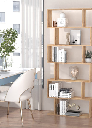 75.5" H Bookcase 6 Shelf S-Shaped Bookshelf Wooden Storage Display Stand Shelf Organizer Free Standing, Oak