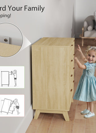 4 Drawer Double Dresser for Bedroom, Fluted Chest of Drawers with Gold Finger Pulls and 4 Wood Legs, Natural Wood