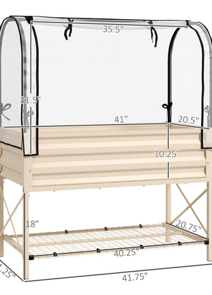 Raised Garden Bed with Legs and Cover, Metal Elevated Planter Box with Bottom Shelf and Liner for Vegetables, Cream