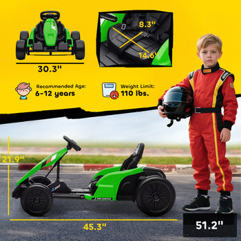 24V Electric Go Kart with Dual 150W Motors, Adjustable Seat & 11.2MPH High Speed, Slow Start, 5-Point Harness, Green