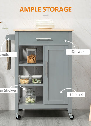 Kitchen Island Cart, Rolling Kitchen Island with Storage Shelf, Solid Wood Top, Drawer, for Dining Room, Gray