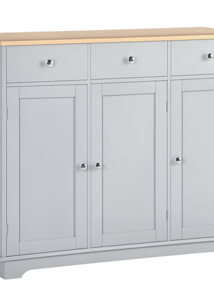 Kitchen Storage Cabinet, Sideboard Floor Cupboard with Solid Wood Top, Adjustable Shelf, and 3 Drawers, Gray
