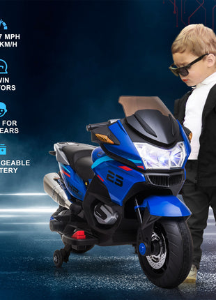 12V Kids Electric Motorcycle with Training Wheels, Battery Power Ride on Motorbike, High-Traction at 3.7 Mph Top Speed, with Light Music, Blue