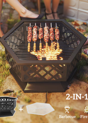 28" Outdoor Fire Pit with Grill Hexagon Fireplace Wood Burning Firepit with Cooking Grate, Fire Poker, Spark Screen Lid